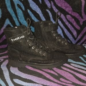 Bebe Black Rhinestone Studded Combat Boots Women's 8